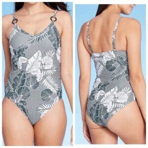 Kona Sol Swimsuit Tropical Leaf Print One Piece Bathing Suit Womens Size Small